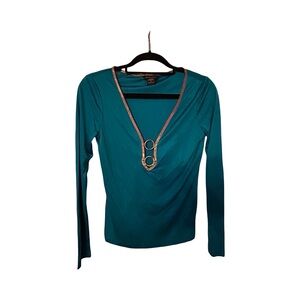 MODA INTERNATIONAL Teal Blouse with Gold Trim